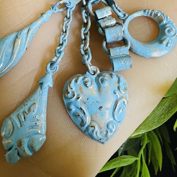 Vintage Enamel Steampunk Whimsical Fan Heart Dangle Chain Brooch Unique 4264 - Picture 6 of 10